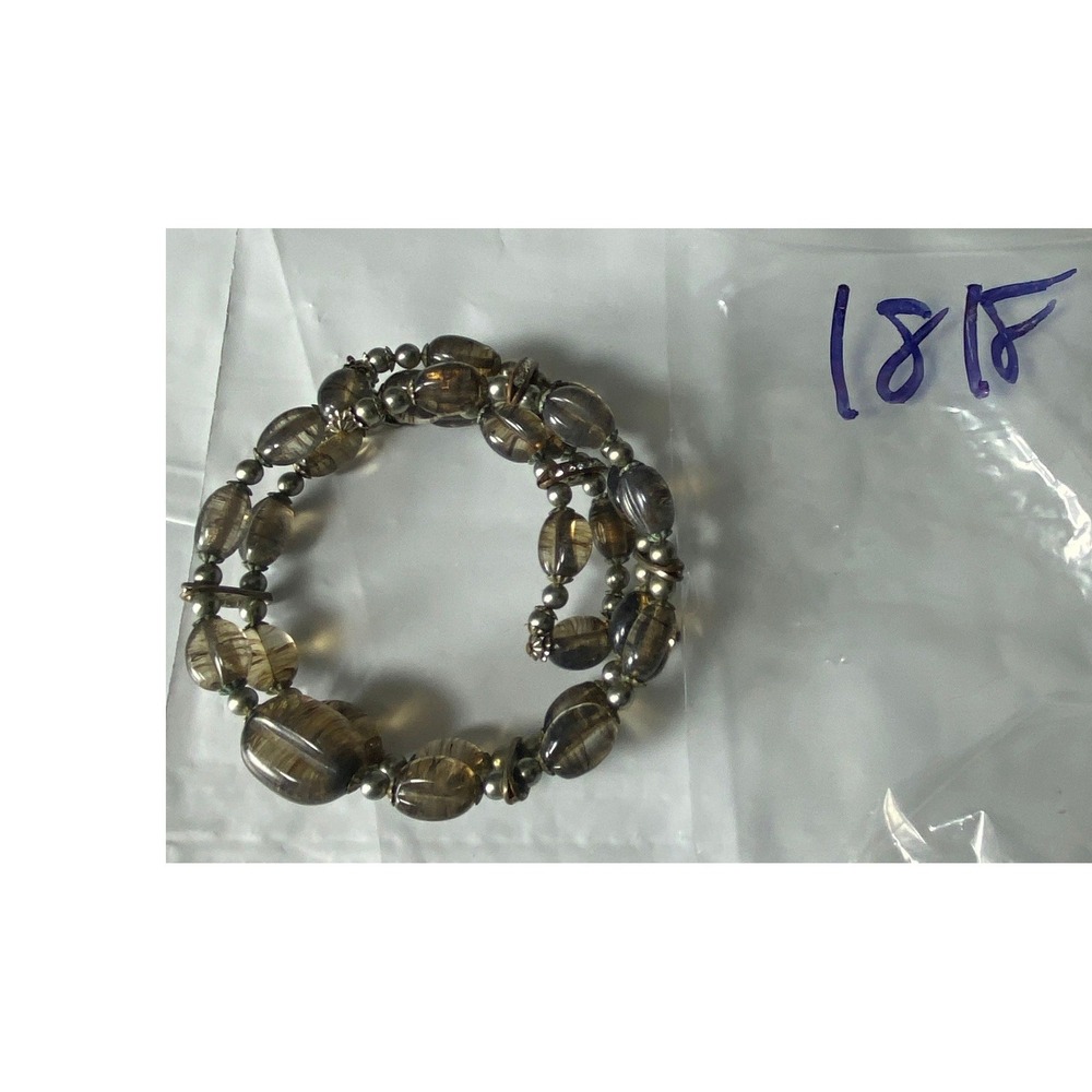 Smoky Quartz Double Strand Bracelet Silver Tone Beaded Stretchy Boho
